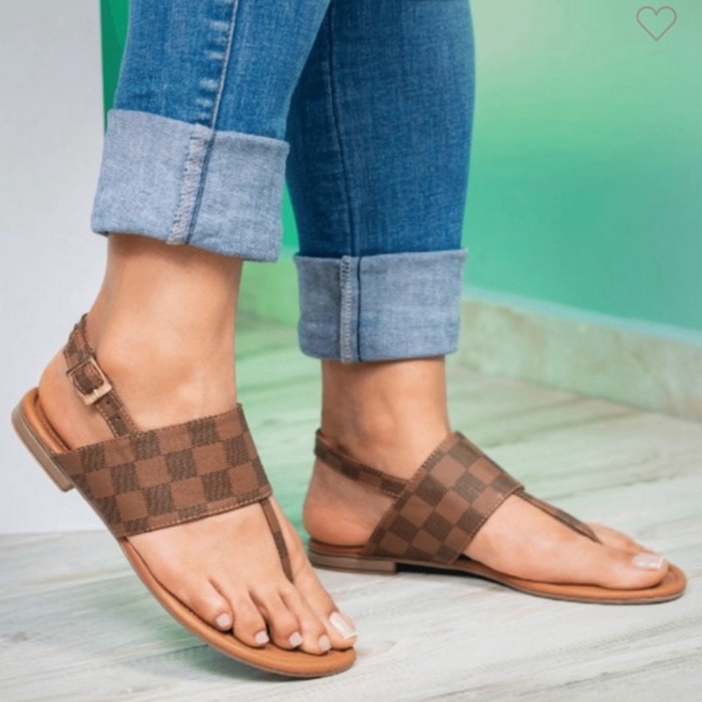 Checker Banded T-Strap Slingback Sandal Brown Tan Women’s Multi Sizes NIB